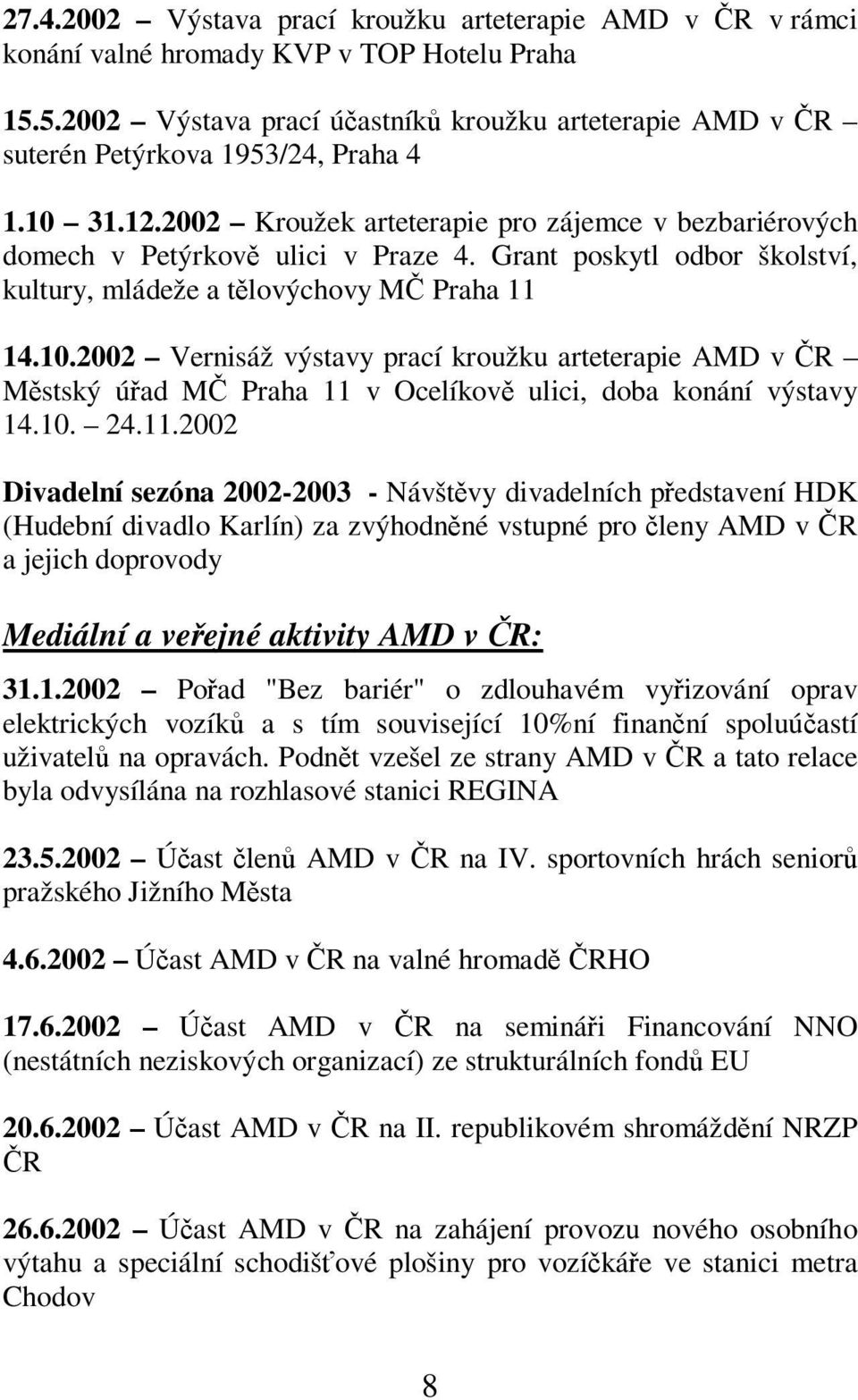 10. 24.11.2002 Divadelní sezóna 2002-2003 - Návštvy divadelních pedstavení HDK (Hudební divadlo Karlín) za zvýhodnné vstupné pro leny AMD v R a jejich doprovody Mediální a veejné aktivity AMD v R: 31.