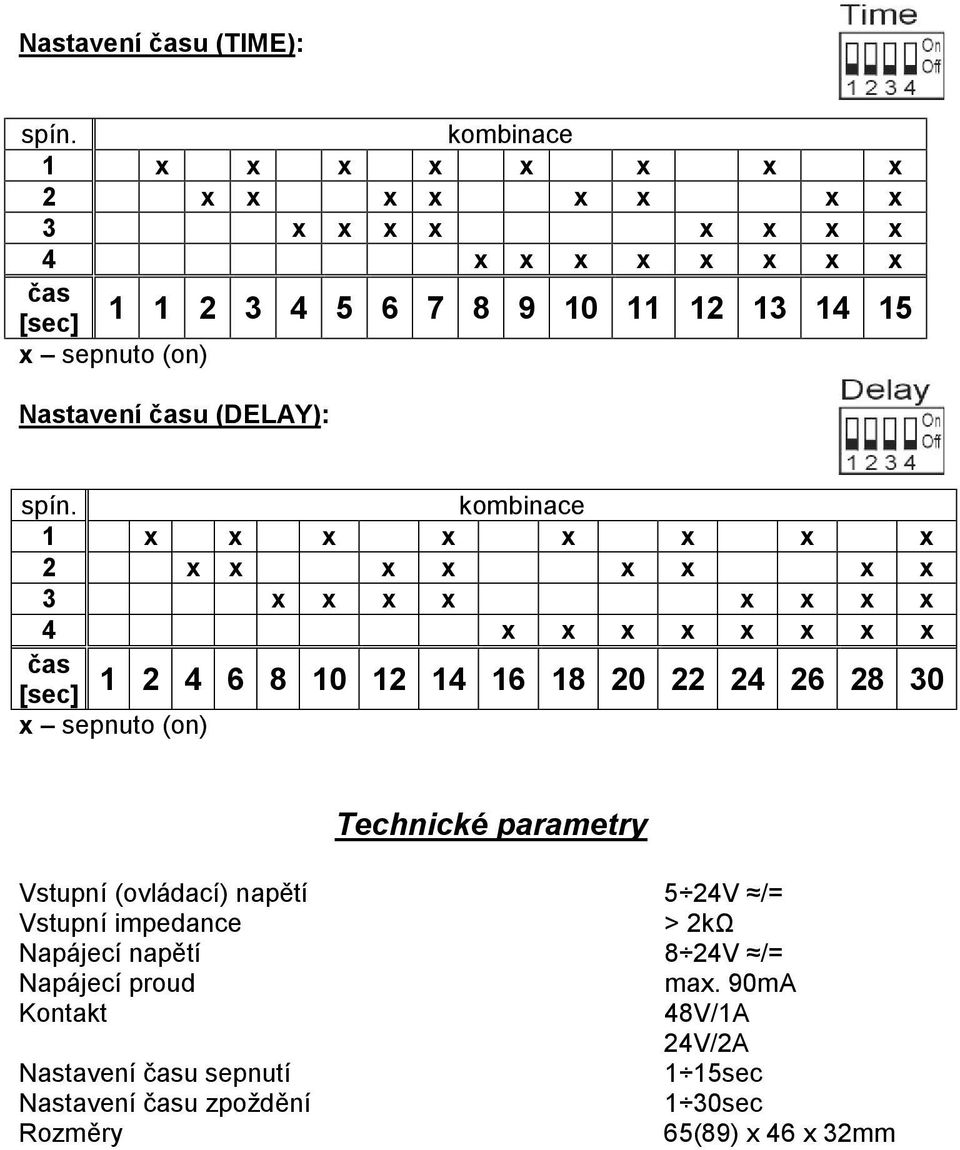 Nastavení času (DELAY): spín.