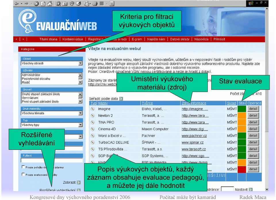 Rozšířené vyhledávání Popis výukových objektů, každý