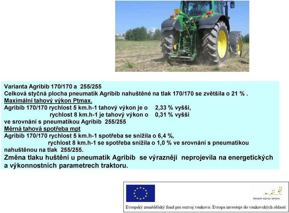 h-1 je tahový výkon o 0,31 % vyšší ve srovnání s pneumatikou Agribib 255/255 Měrná tahová spotřeba mpt Agribib 170/170 rychlost 5 km.