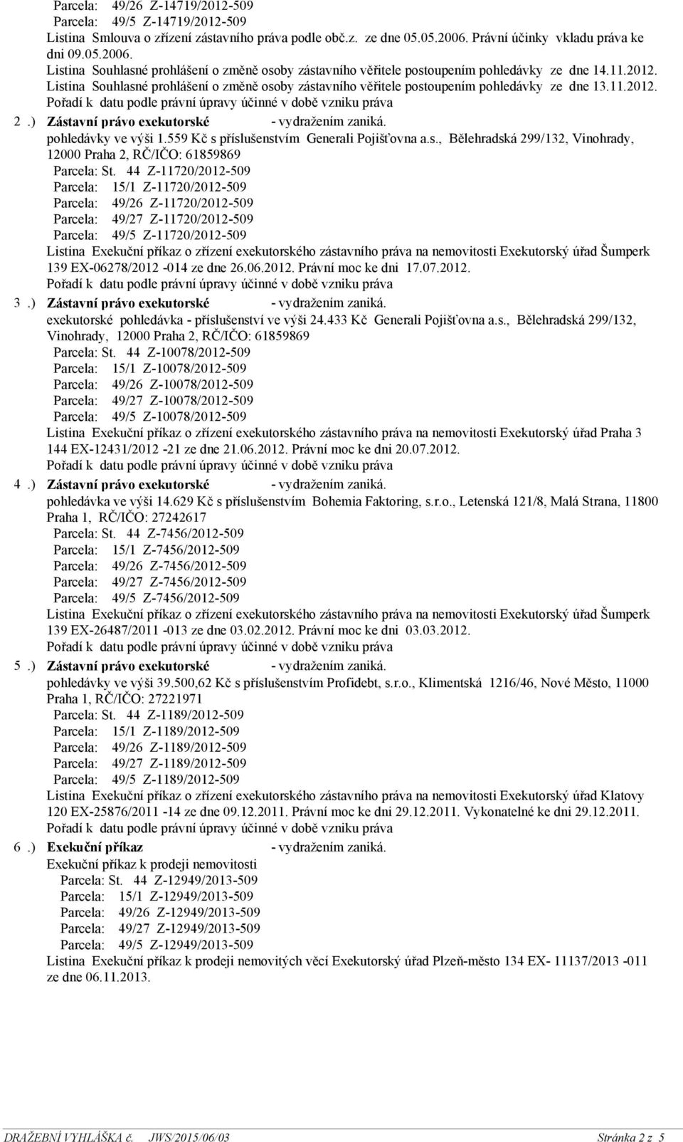 Listina Souhlasné prohlášení o změně osoby zástavního věřitele postoupením pohledávky ze dne 13.11.2012. 2.) Zástavní právo exekutorské - vydražením zaniká. pohledávky ve výši 1.