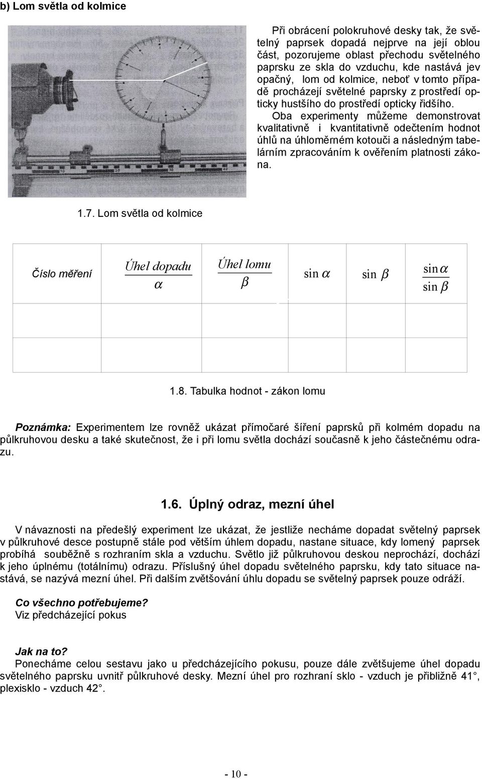 Oba experimenty můžeme demonstrovat kvalitativně i kvantitativně odečtením hodnot úhlů na úhloměrném kotouči a následným tabe lárním zpracováním k ověřením platnosti záko na. 1.7.