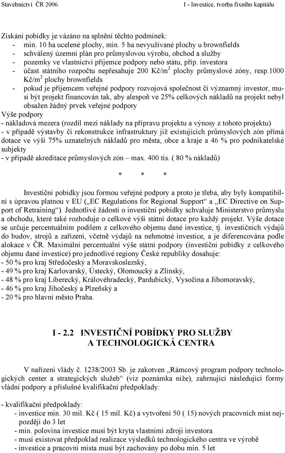 investora - účast státního rozpočtu nepřesahuje 200 Kč/m 2 plochy průmyslové zóny, resp.