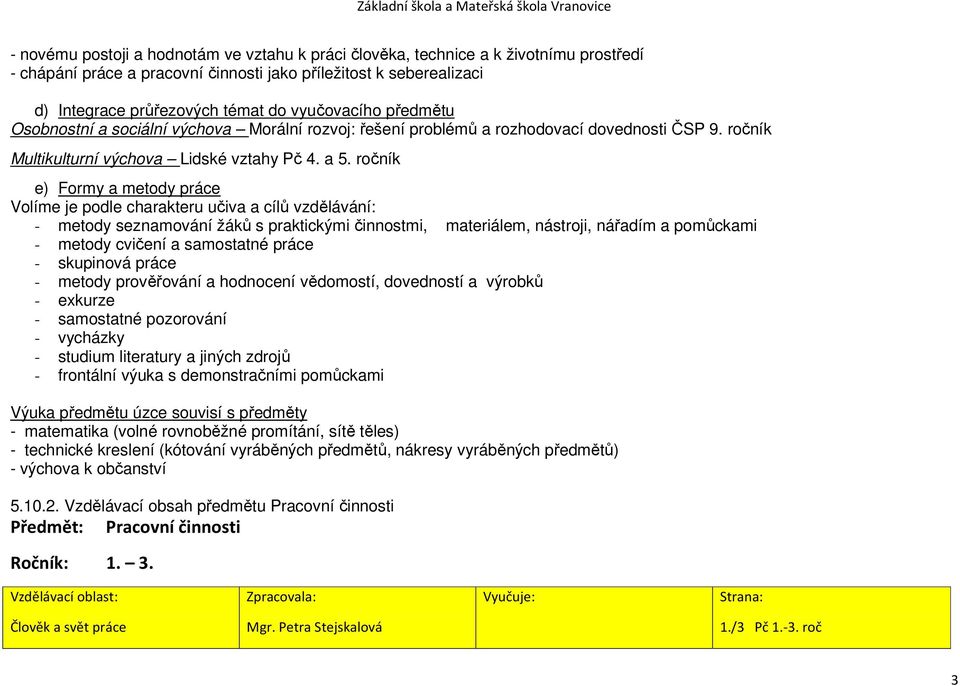 ročník e) Formy a metody práce Volíme je podle charakteru učiva a cílů vzdělávání: - metody seznamování žáků s praktickými činnostmi, materiálem, nástroji, nářadím a pomůckami - metody cvičení a