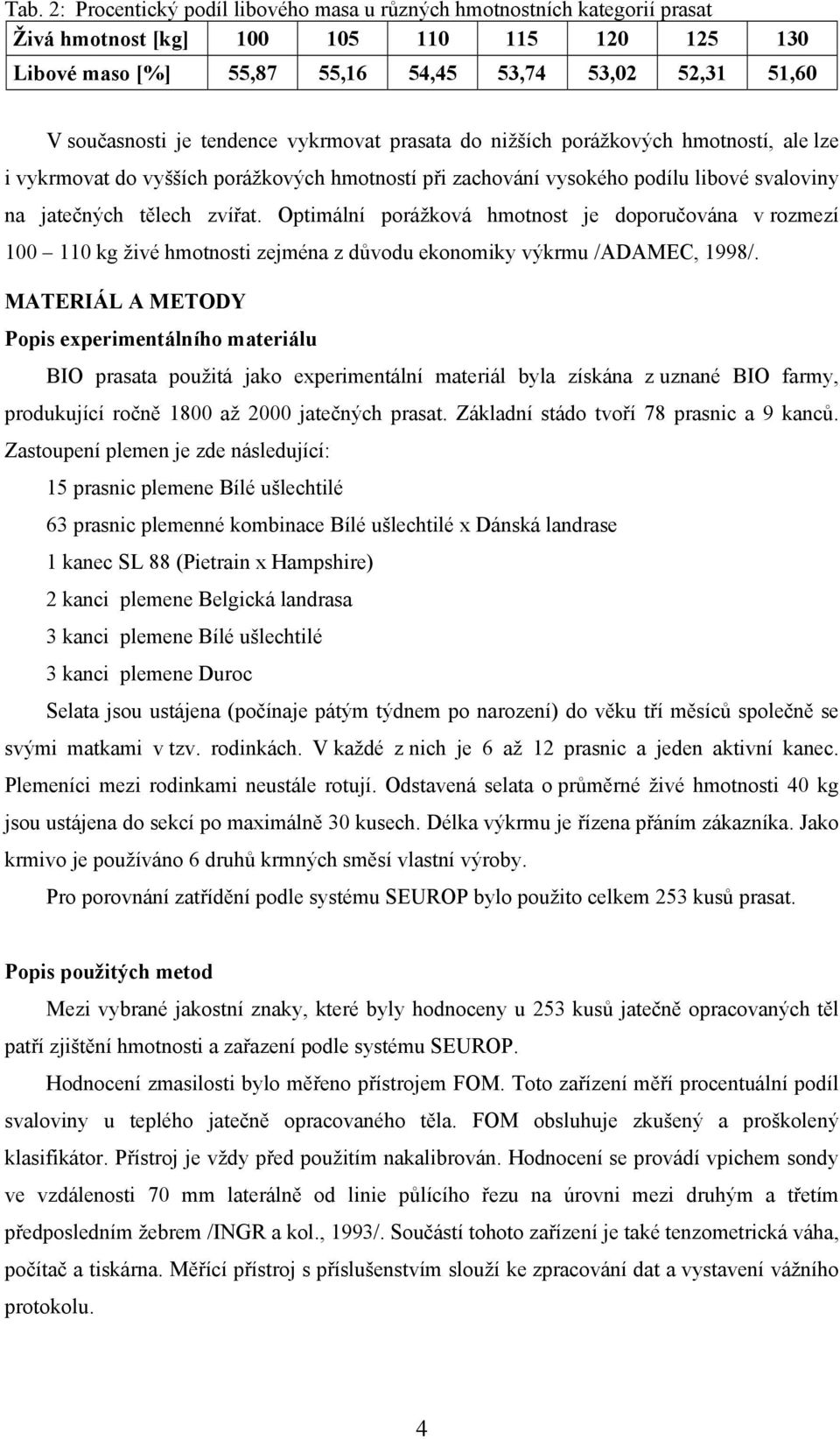 Optimální porážková hmotnost je doporučována v rozmezí 100 110 kg živé hmotnosti zejména z důvodu ekonomiky výkrmu /ADAMEC, 1998/.