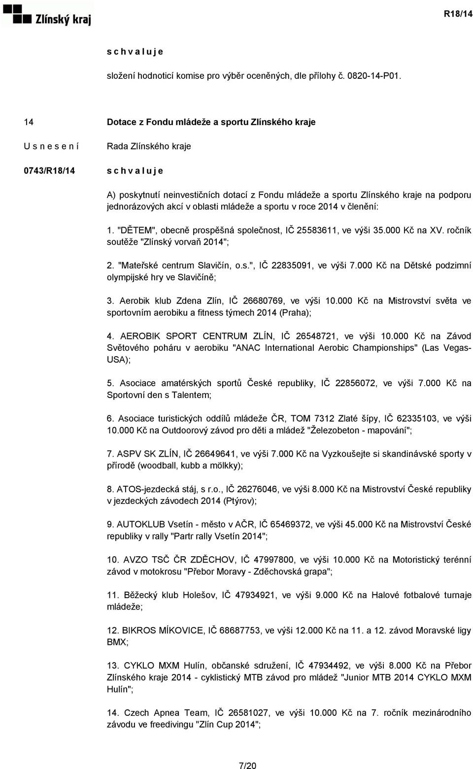 roce 2014 v členění: 1. "DĚTEM", obecně prospěšná společnost, IČ 25583611, ve výši 35.000 Kč na XV. ročník soutěže "Zlínský vorvaň 2014"; 2. "Mateřské centrum Slavičín, o.s.", IČ 22835091, ve výši 7.