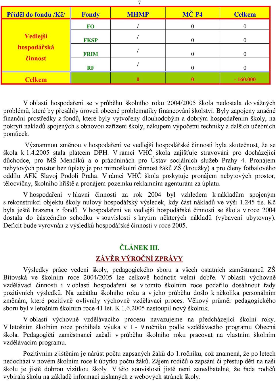 Byly zapojeny značné finanční prostředky z fondů, které byly vytvořeny dlouhodobým a dobrým hospodařením školy, na pokrytí nákladů spojených s obnovou zařízení školy, nákupem výpočetní techniky a