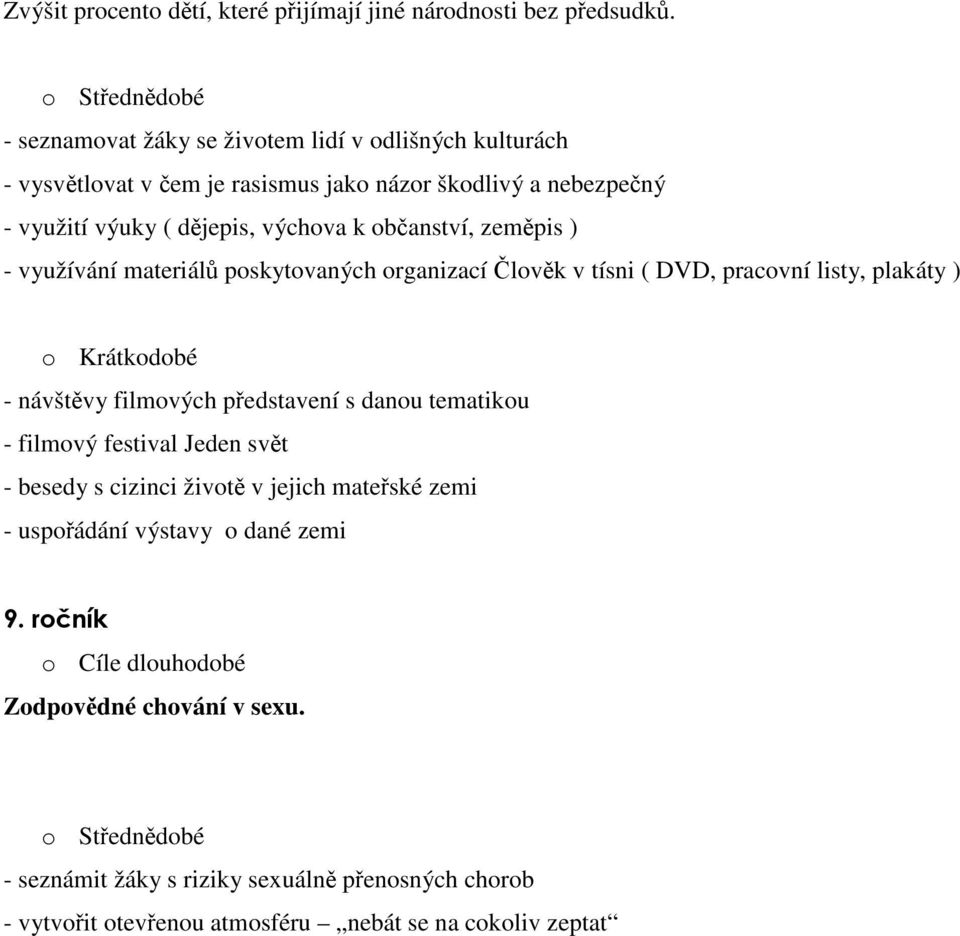 občanství, zeměpis ) - využívání materiálů poskytovaných organizací Člověk v tísni ( DVD, pracovní listy, plakáty ) o Krátkodobé - návštěvy filmových představení s danou