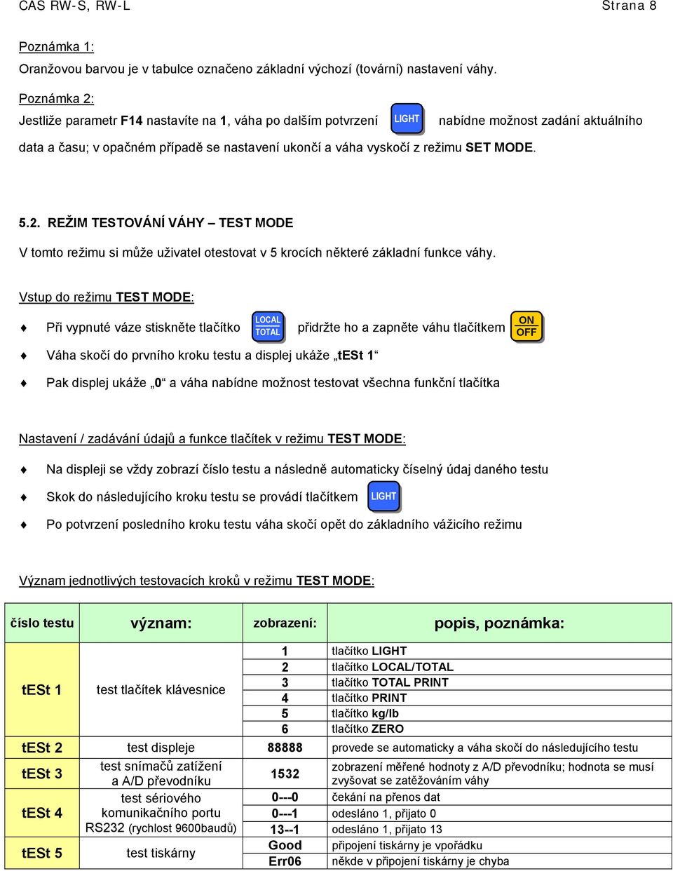 5.2. REŽIM TESTOVÁNÍ VÁHY TEST MODE V tomto režimu si může uživatel otestovat v 5 krocích některé základní funkce váhy.