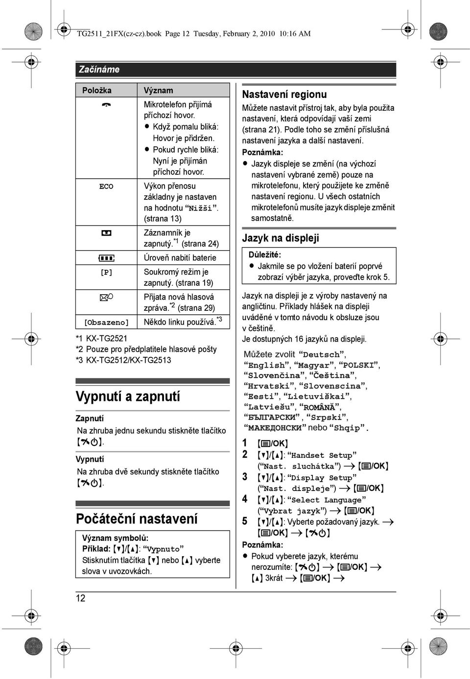 *1 (strana 24) 5 Úroveň nabití baterie [P] Soukromý režim je zapnutý. (strana 19) 0 Přijata nová hlasová zpráva. *2 (strana 29) [Obsazeno] Někdo linku používá.