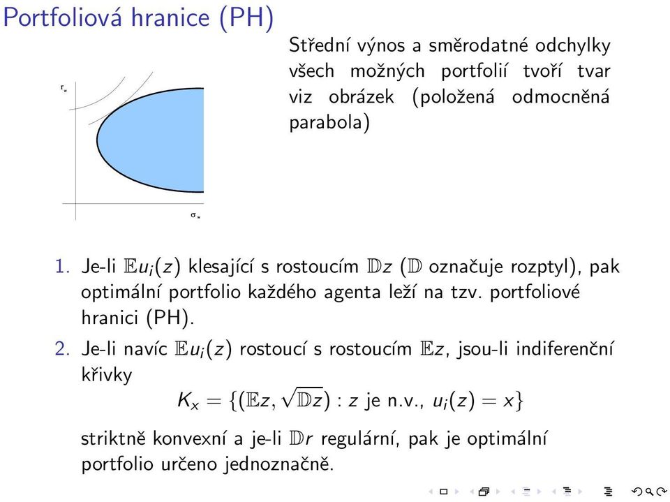 Je-li Eu i (z) klesající s rostoucím Dz (D označuje rozptyl), pak optimální portfolio každého agenta leží na tzv.