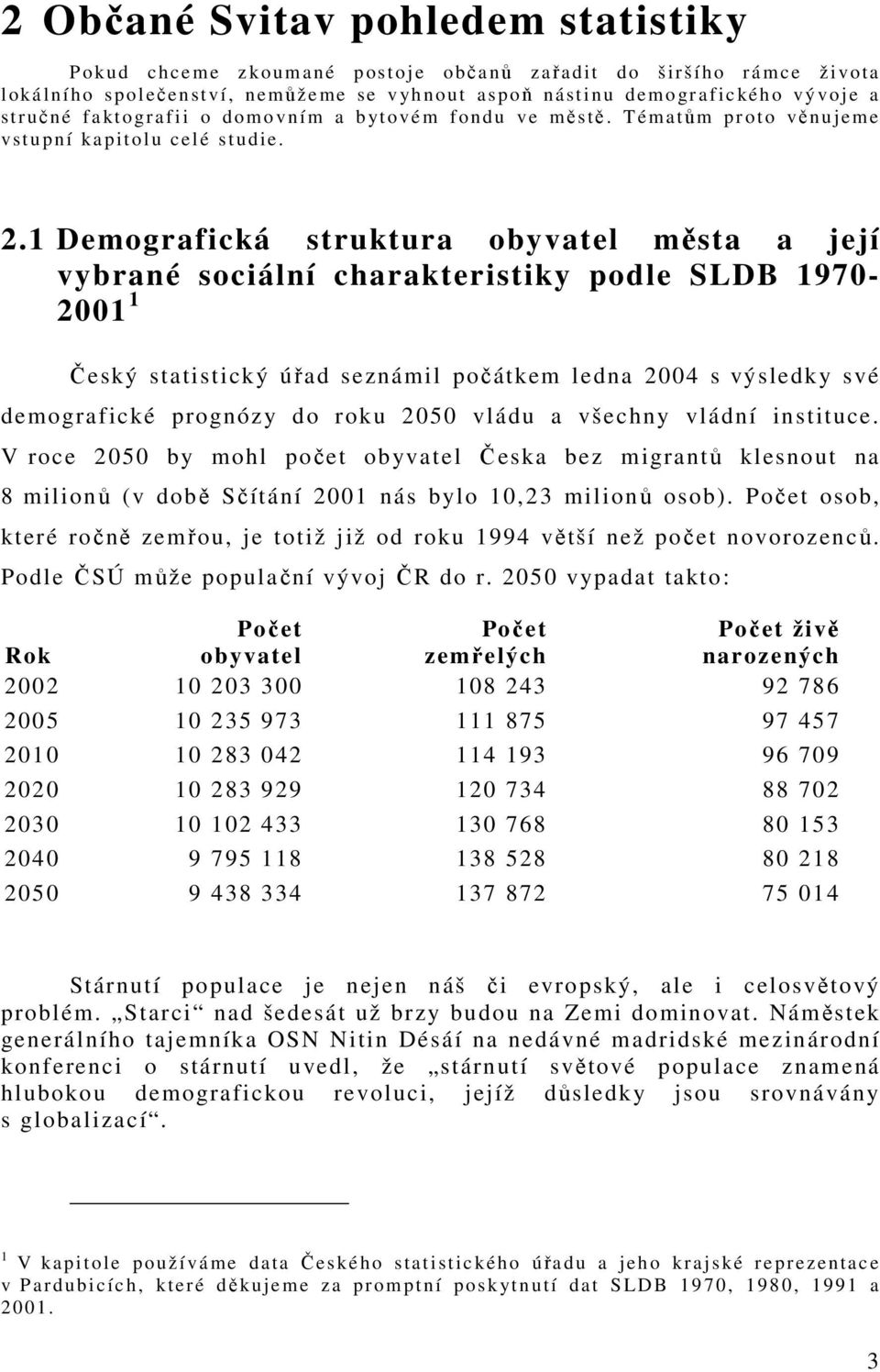 1 Demografická struktura obyvatel města a její vybrané sociální charakteristiky podle SLDB 1970-2001 1 Český statistický úřad seznámil počátkem ledna 2004 s výsledky své demografické prognózy do roku