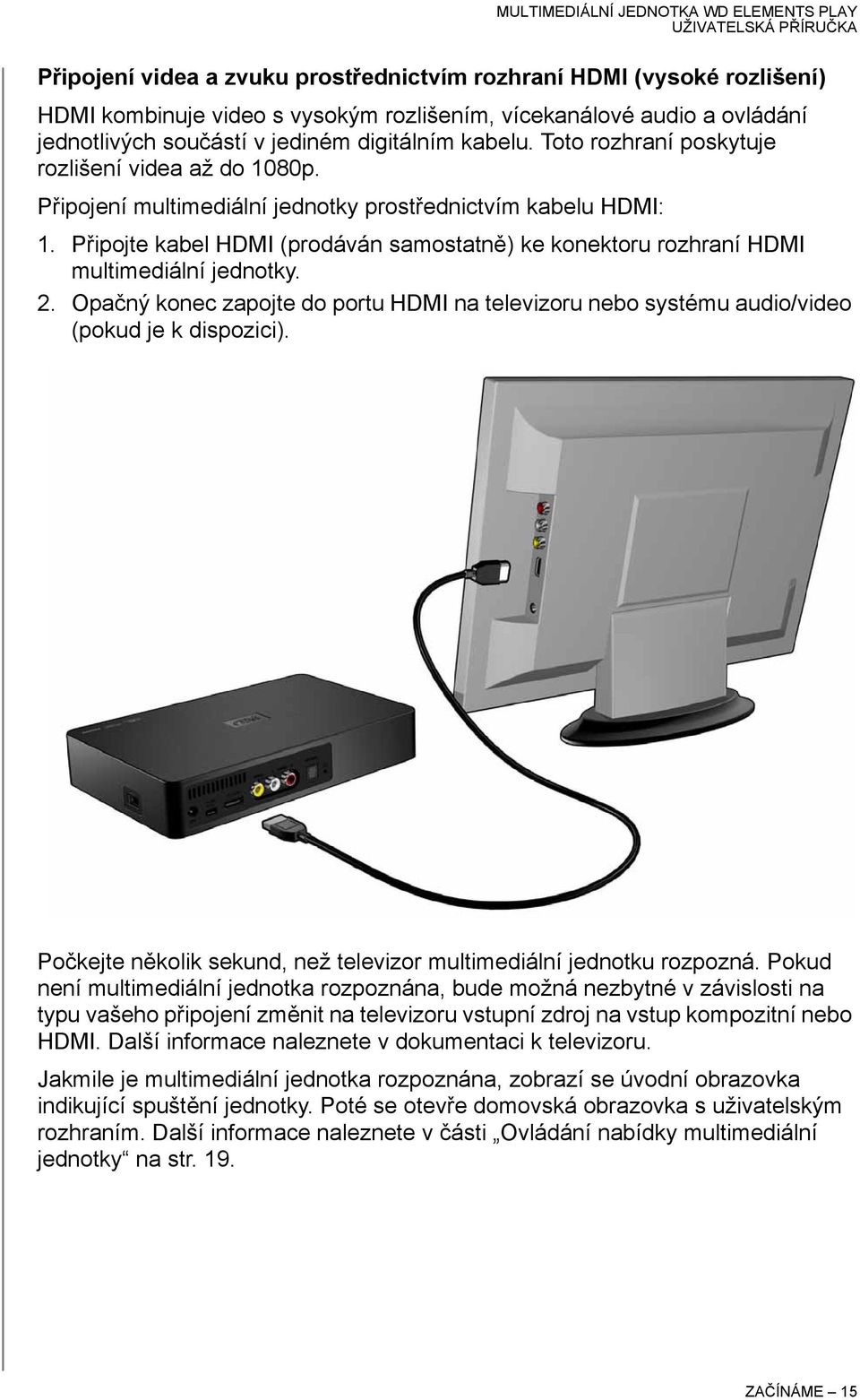 Připojte kabel HDMI (prodáván samostatně) ke konektoru rozhraní HDMI multimediální jednotky. 2. Opačný konec zapojte do portu HDMI na televizoru nebo systému audio/video (pokud je k dispozici).