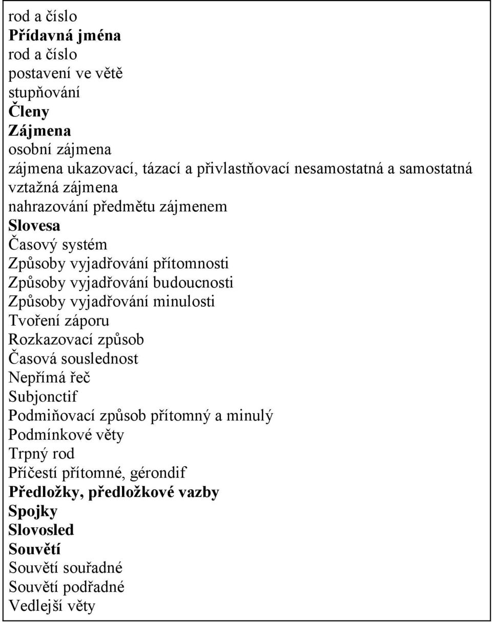 budoucnosti Způsoby vyjadřování minulosti Tvoření záporu Rozkazovací způsob Časová souslednost Nepřímá řeč Subjonctif Podmiňovací způsob přítomný a