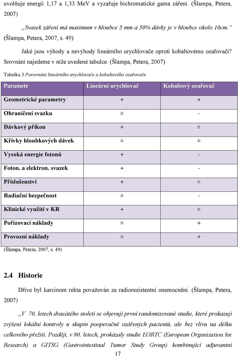 (Šlampa, Petera, 2007) Tabulka 3 Porovnání lineárního urychlovače a kobaltového ozařovače Parametr Lineární urychlovač Kobaltový ozařovač Geometrické parametry + + Ohraničení svazku ± - Dávkový