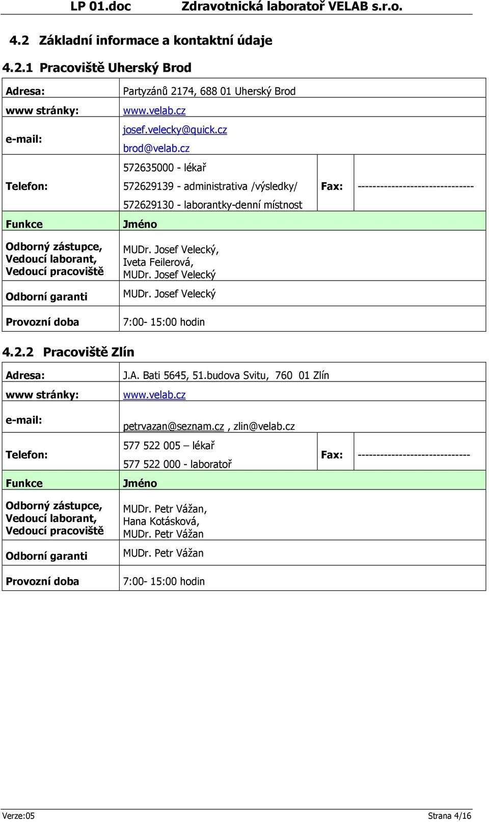 Josef Velecký MUDr. Josef Velecký 7:00-15:00 hodin Fax: ------------------------------- 4.2.2 Pracoviště Zlín Adresa: www stránky: J.A. Bati 5645, 51.budova Svitu, 760 01 Zlín www.velab.