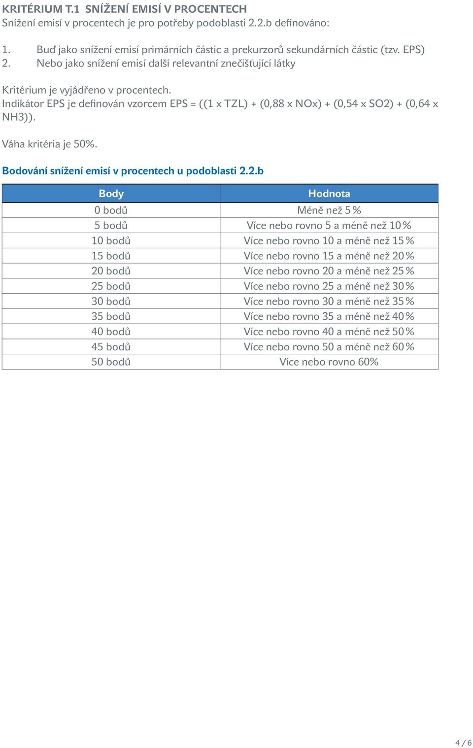 Indikátor EPS je definován vzorcem EPS = ((1 x TZL) + (0,88 x NOx) + (0,54 x SO2)