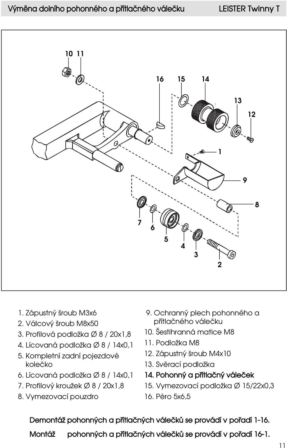 Ochrann plech pohonného a pœítlaªného váleªku 10. estihranná matice M8 11. Podlo ka M8 12. Zápustn ƒroub M4x10 13. Sv rací podlo ka 14. Pohonn a pœítlaªn váleªek 15.
