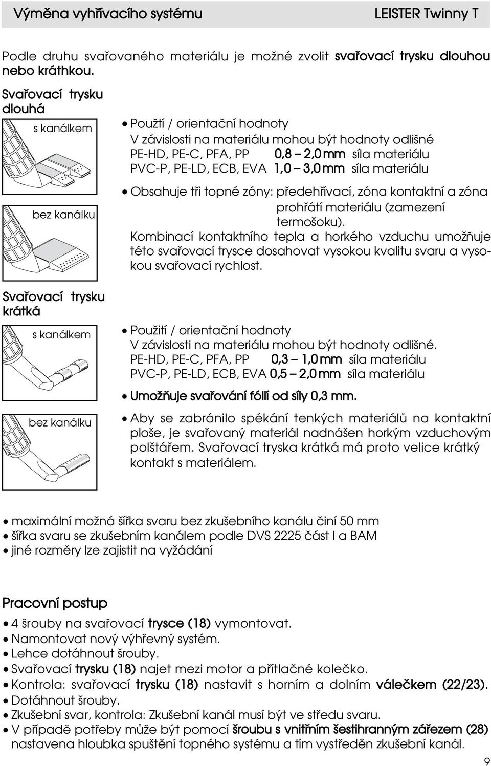 2,0 mm síla materiálu PVC-P, PE-LD, ECB, EVA 1, 0 3,0 mm síla materiálu Obsahuje tœi topné zóny: pœedehœívací, zóna kontaktní a zóna prohœátí materiálu (zamezení termoƒoku).