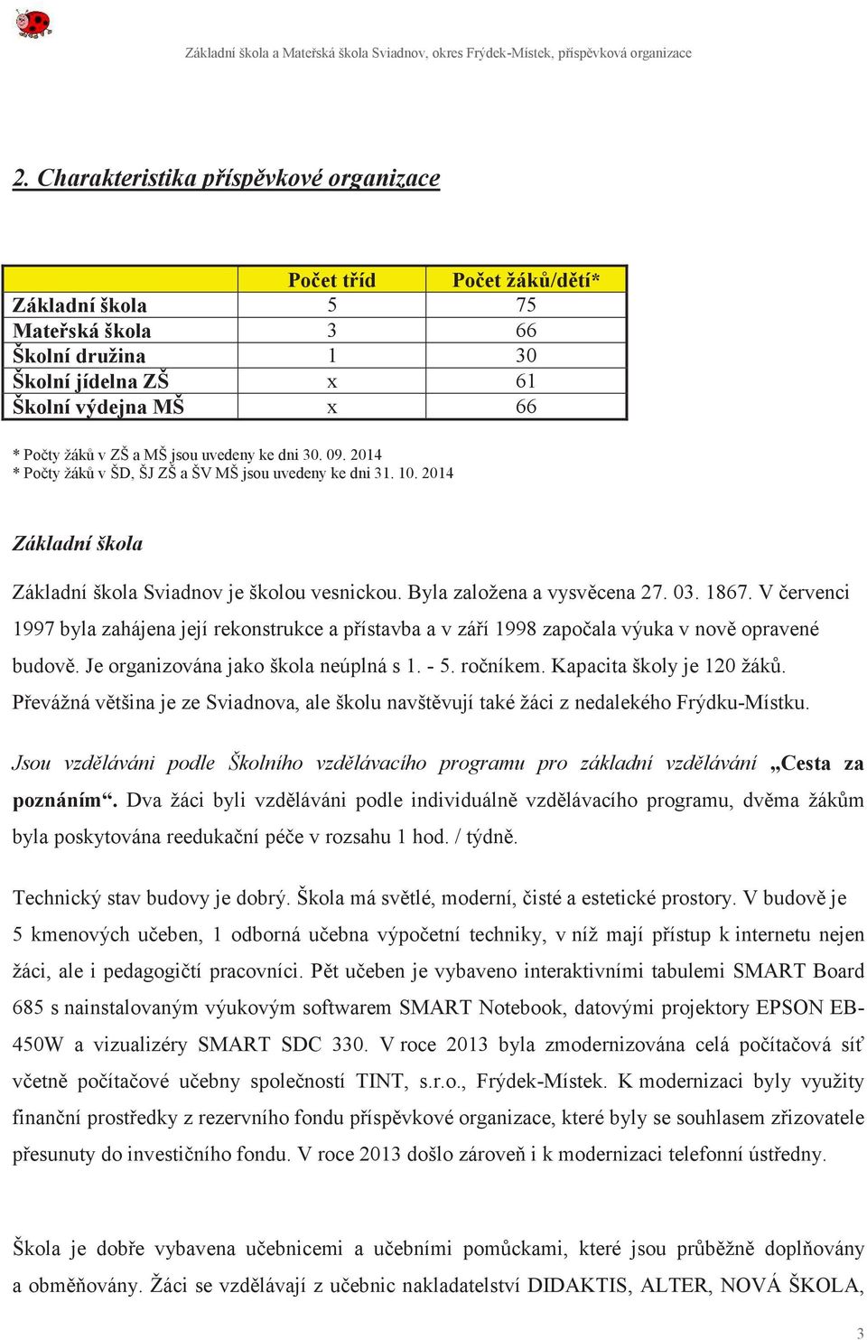 V červenci 1997 byla zahájena její rekonstrukce a přístavba a v září 1998 započala výuka v nově opravené budově. Je organizována jako škola neúplná s 1. - 5. ročníkem. Kapacita školy je 120 žáků.