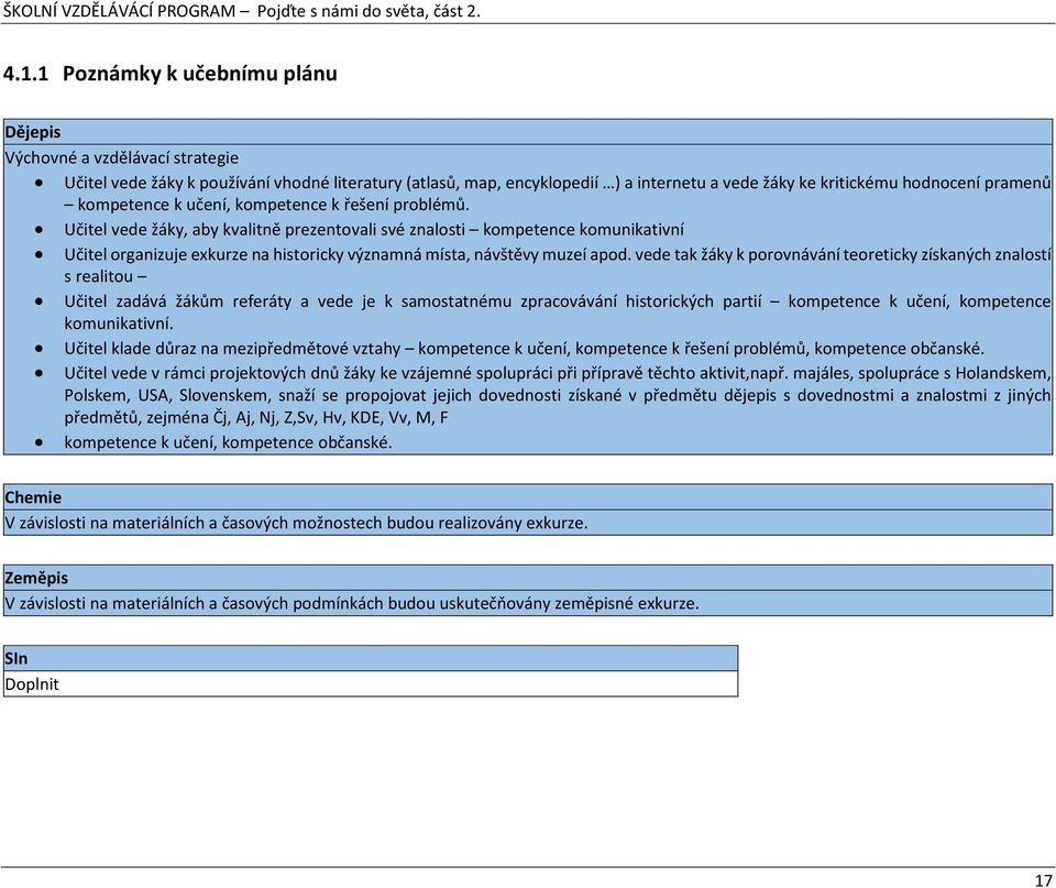 Učitel vede žáky, aby kvalitně prezentovali své znalosti kompetence komunikativní Učitel organizuje exkurze na historicky významná místa, návštěvy muzeí apod.