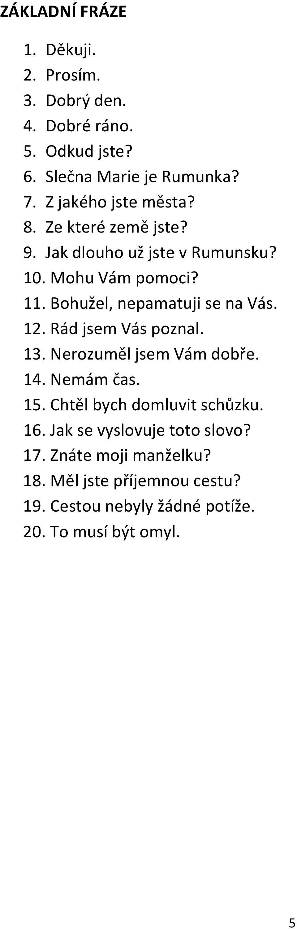 Bohužel, nepamatuji se na Vás. 12. Rád jsem Vás poznal. 13. Nerozuměl jsem Vám dobře. 14. Nemám čas. 15.