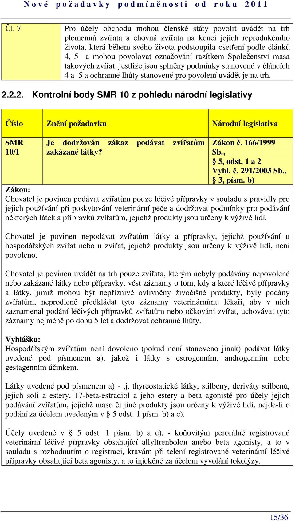 2.2. Kontrolní body 10 z pohledu národní legislativy íslo Znní požadavku Národní legislativa 10/1 Je dodržován zákaz podávat zvíatm zakázané látky? Zákon. 166/1999 5, odst. 1 a 2 Vyhl.