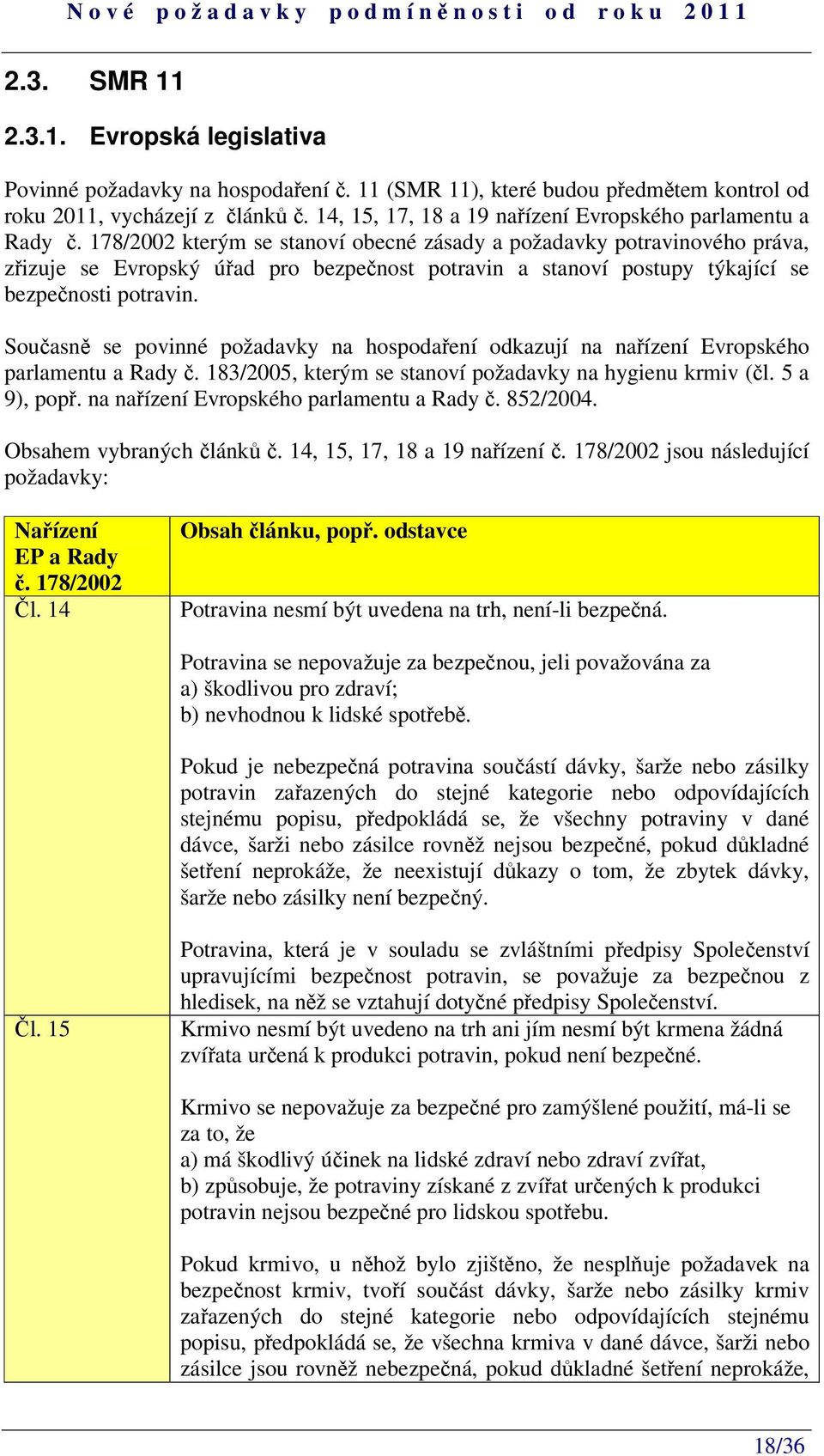 Souasn se povinné požadavky na hospodaení odkazují na naízení Evropského parlamentu a Rady. 183/2005, kterým se stanoví požadavky na hygienu krmiv (l. 5 a 9), pop.