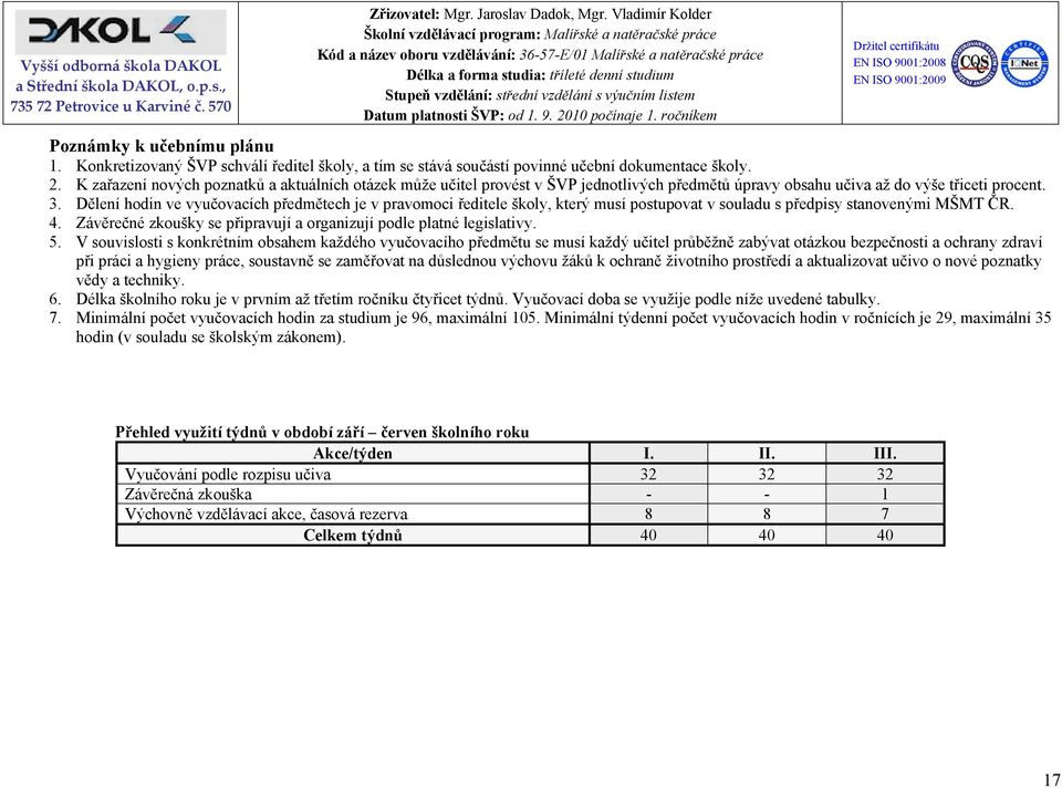 Dělení hodin ve vyučovacích předmětech je v pravomoci ředitele školy, který musí postupovat v souladu s předpisy stanovenými MŠMT ČR. 4.