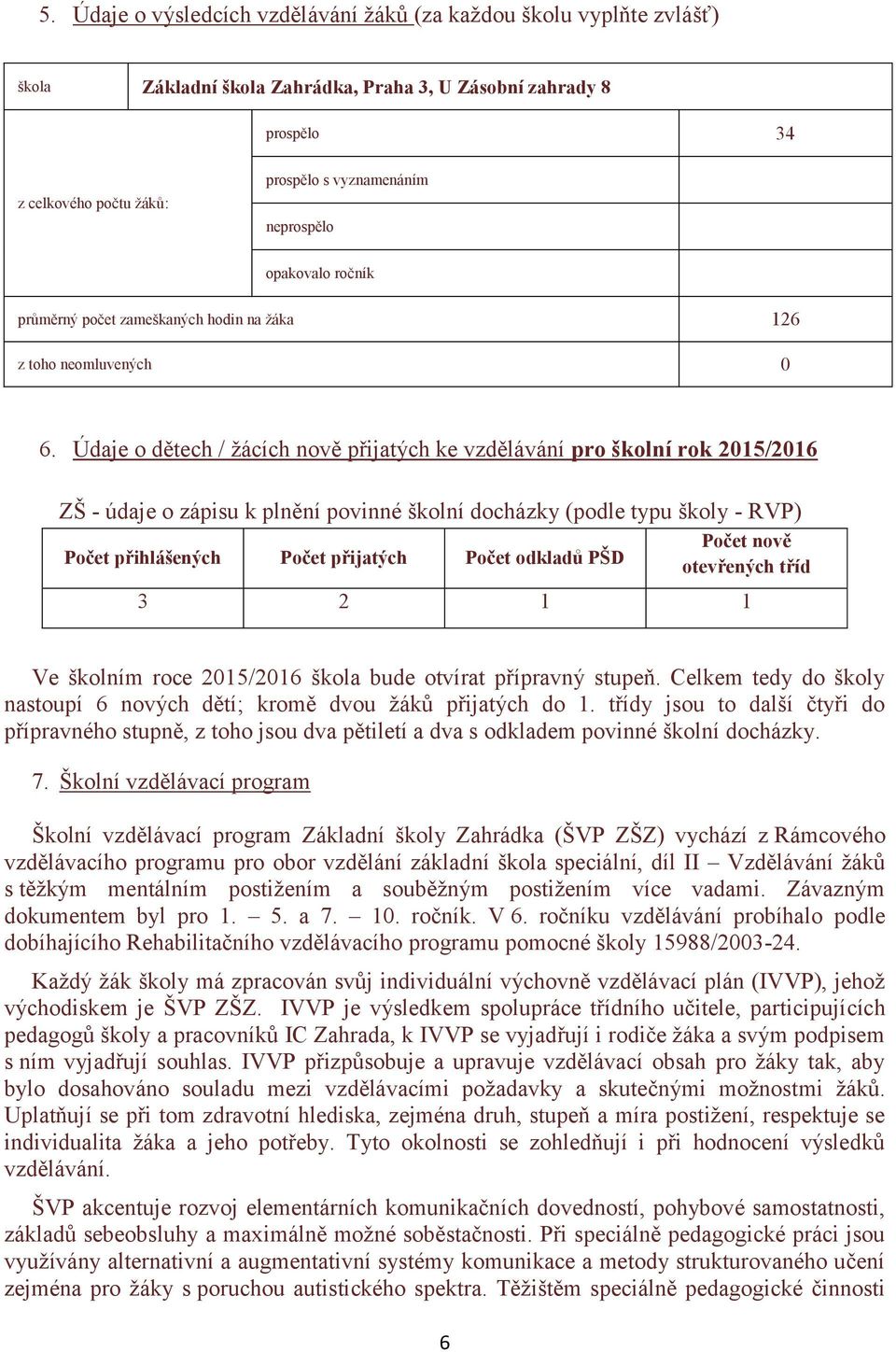 Údaje o dětech / žácích nově přijatých ke vzdělávání pro školní rok 2015/2016 ZŠ - údaje o zápisu k plnění povinné školní docházky (podle typu školy - RVP) Počet přihlášených Počet přijatých Počet