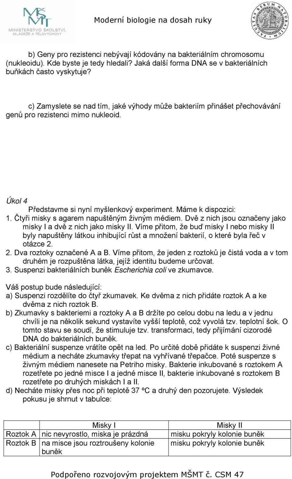 Čtyři misky s agarem napuštěným živným médiem. Dvě z nich jsou označeny jako misky I a dvě z nich jako misky II.