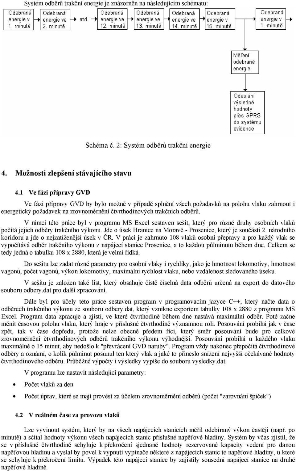 V rámci této práce byl v programu MS Excel sestaven sešit, který pro různé druhy osobních vlaků počítá jejich odběry trakčního výkonu. Jde o úsek Hranice na Moravě - Prosenice, který je součástí 2.