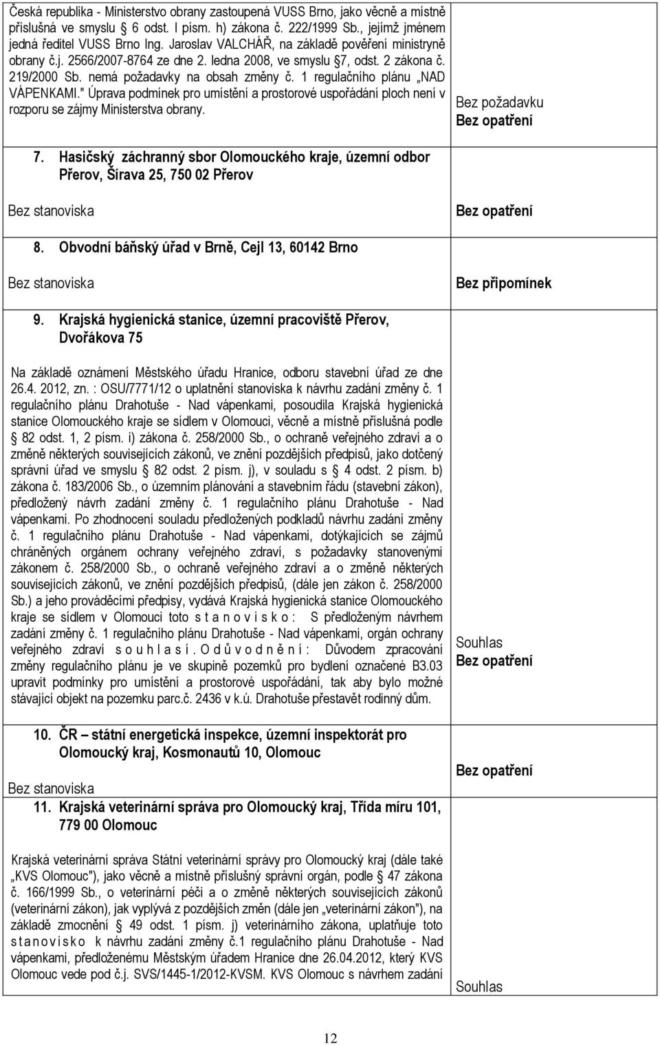 1 regulačního plánu NAD VÁPENKAMI." Úprava podmínek pro umístění a prostorové uspořádání ploch není v rozporu se zájmy Ministerstva obrany. 7.