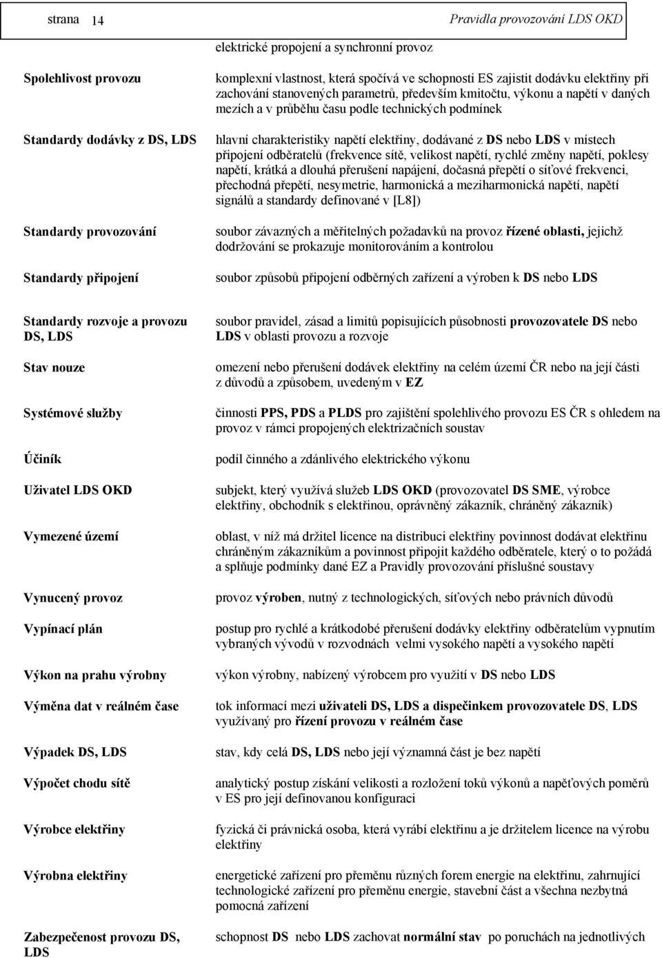 dodávané z DS nebo LDS v místech připojení odběratelů (frekvence sítě, velikost napětí, rychlé změny napětí, poklesy napětí, krátká a dlouhá přerušení napájení, dočasná přepětí o síťové frekvenci,