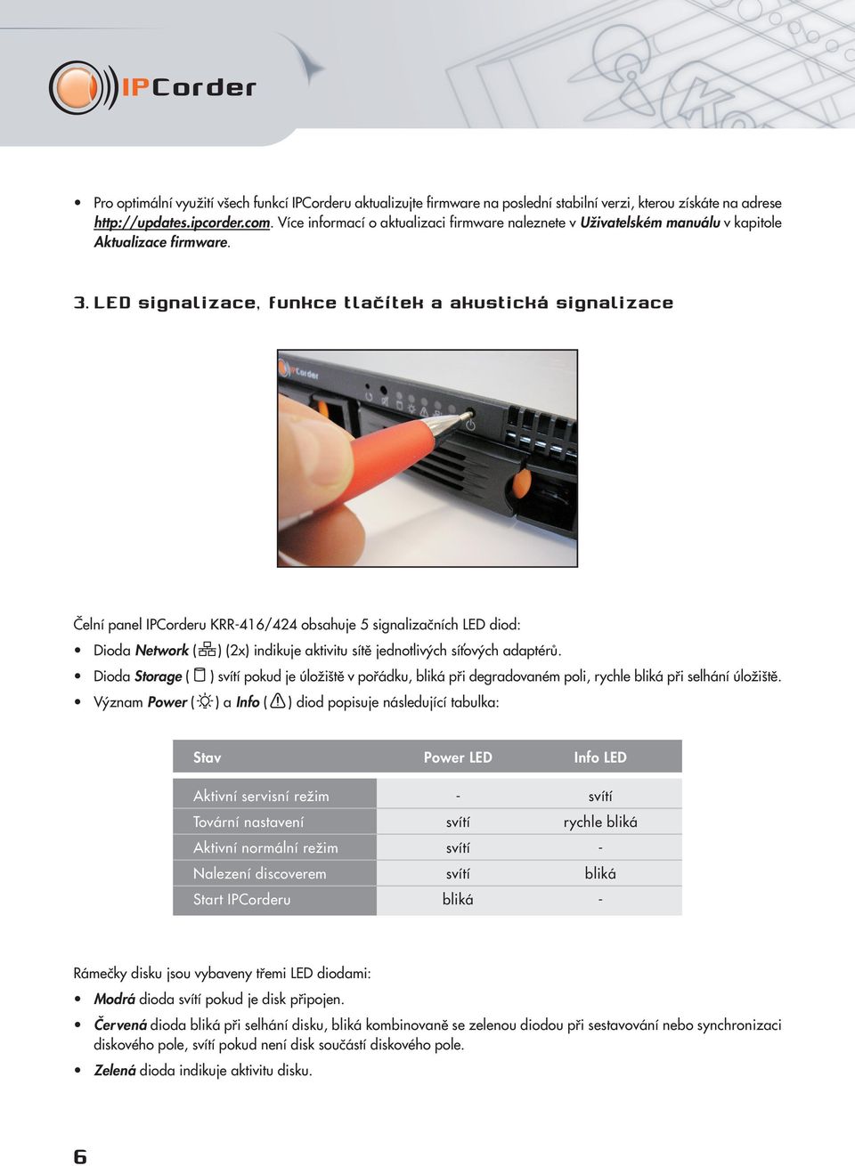 LED signalizace, funkce tlačítek a akustická signalizace Čelní panel IPCorderu KRR-416/424 obsahuje 5 signalizačních LED diod: Dioda Network ( Dioda Storage ( ) (2x) indikuje aktivitu sítě