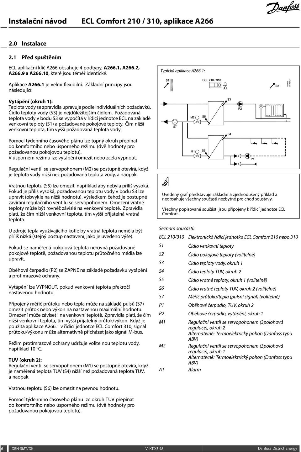 Požadovaná teplota vody v bodu S3 se vypočítá v řídicí jednotce ECL na základě venkovní teploty (S1) a požadované pokojové teploty. Čím nižší venkovní teplota, tím vyšší požadovaná teplota vody.