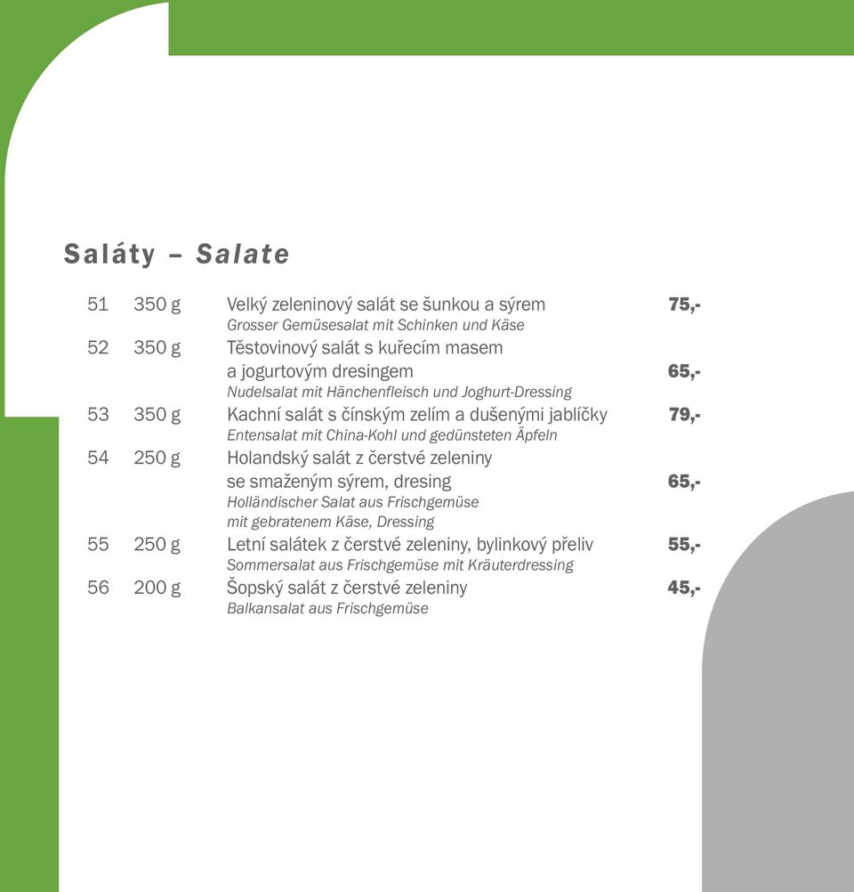 gedünsteten Äpfeln 54 250 g Holandský salát z čerstvé zeleniny se smaženým sýrem, dresing 65,- Holländischer Salat aus Frischgemüse mit gebratenem Käse, Dressing 55 250