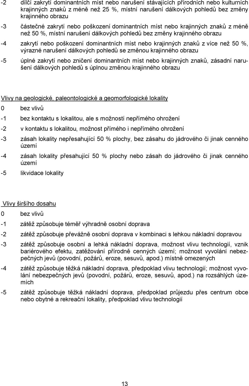 krajinných znaků z více neţ 50 %, výrazné narušení dálkových pohledů se změnou krajinného obrazu -5 úplné zakrytí nebo zničení dominantních míst nebo krajinných znaků, zásadní narušení dálkových