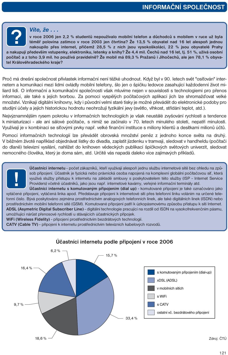 Že 4,4 mil. Čechů nad 16 let, tj. 51 %, užívá osobní počítač a z toho 3,9 mil. ho používá pravidelně? Že mobil má 89,3 % Pražanů i Jihočechů, ale jen 78,1 % obyvatel Královéhradeckého kraje?