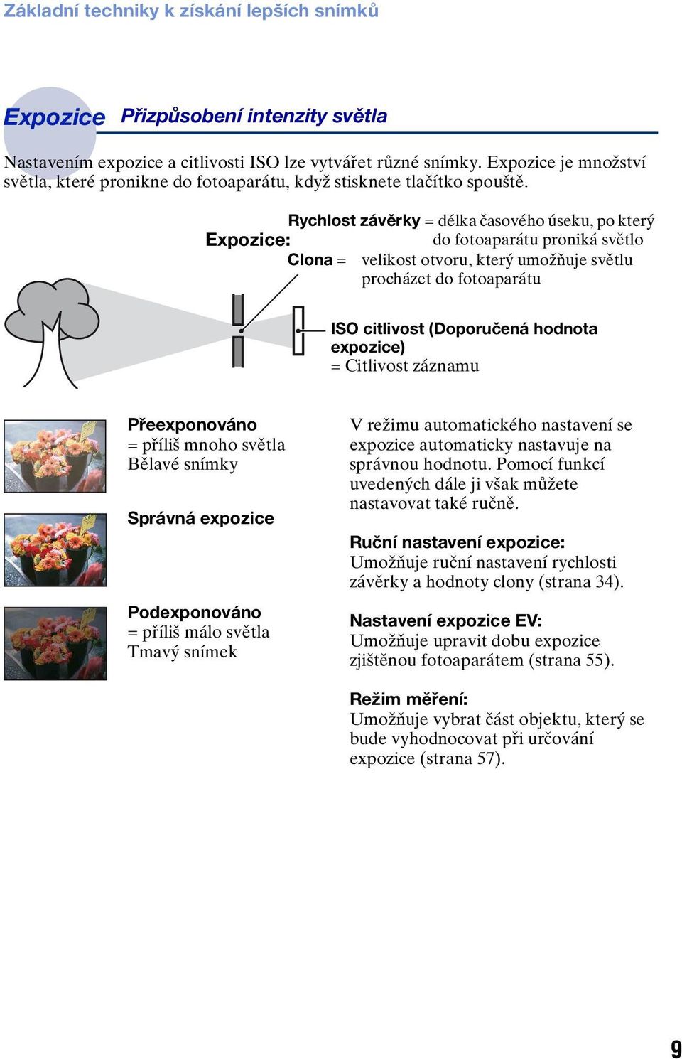 Rychlost závěrky = délka časového úseku, po který Expozice: do fotoaparátu proniká světlo Clona = velikost otvoru, který umožňuje světlu procházet do fotoaparátu ISO citlivost (Doporučená hodnota