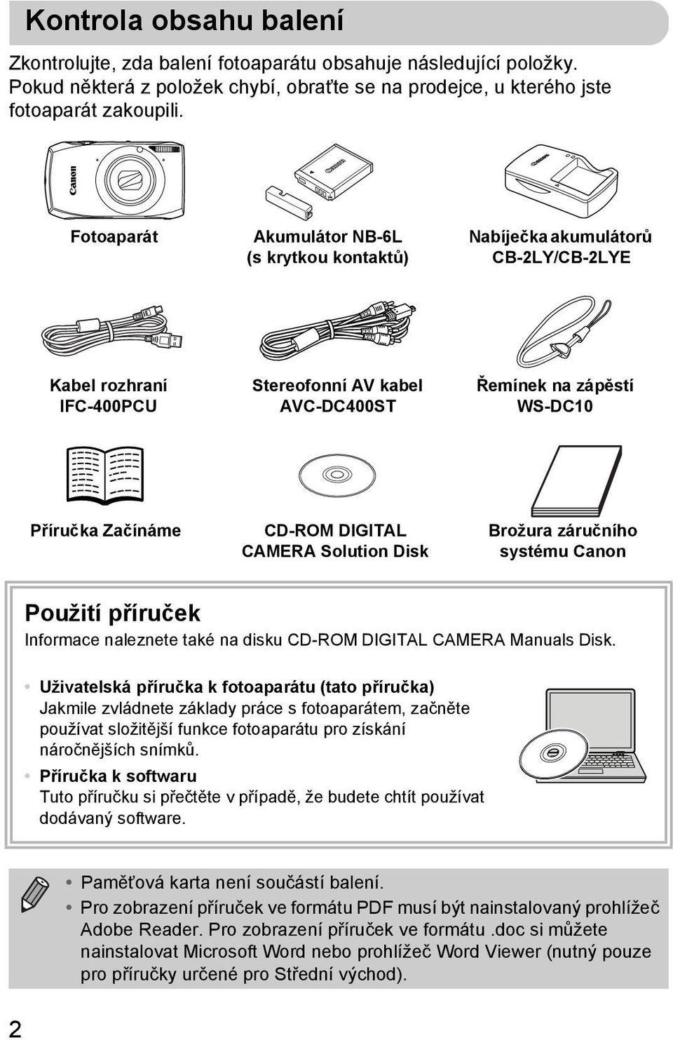 DIGITAL CAMERA Solution Disk Brožura záručního systému Canon Použití příruček Informace naleznete také na disku CD-ROM DIGITAL CAMERA Manuals Disk.
