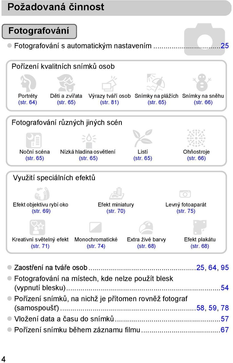66) Využití speciálních efektů Efekt objektivu rybí oko (str. 69) Efekt miniatury (str. 70) Levný fotoaparát (str. 75) Kreativní světelný efekt (str. 71) Monochromatické (str.