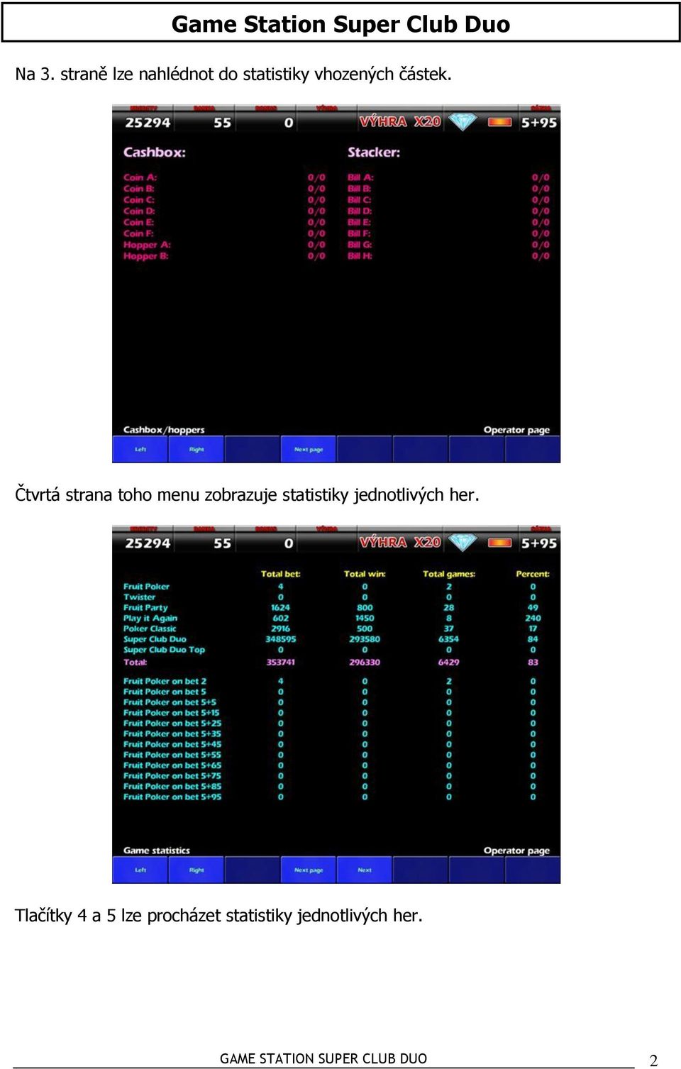 Čtvrtá strana toho menu zobrazuje statistiky