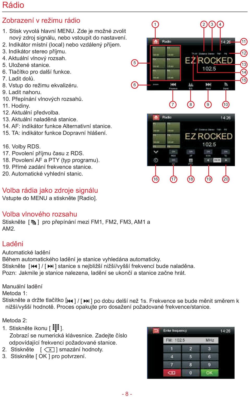 Hodiny. 12. Aktuální pøedvolba. 13. Aktuální naladìná stanice. 14. AF: indikátor funkce Alternativní stanice. 15. TA: indikátor funkce Dopravní hlášení. 5 6 1 2 3 4 TA 7 8 9 10 11 12 13 14 15 16.