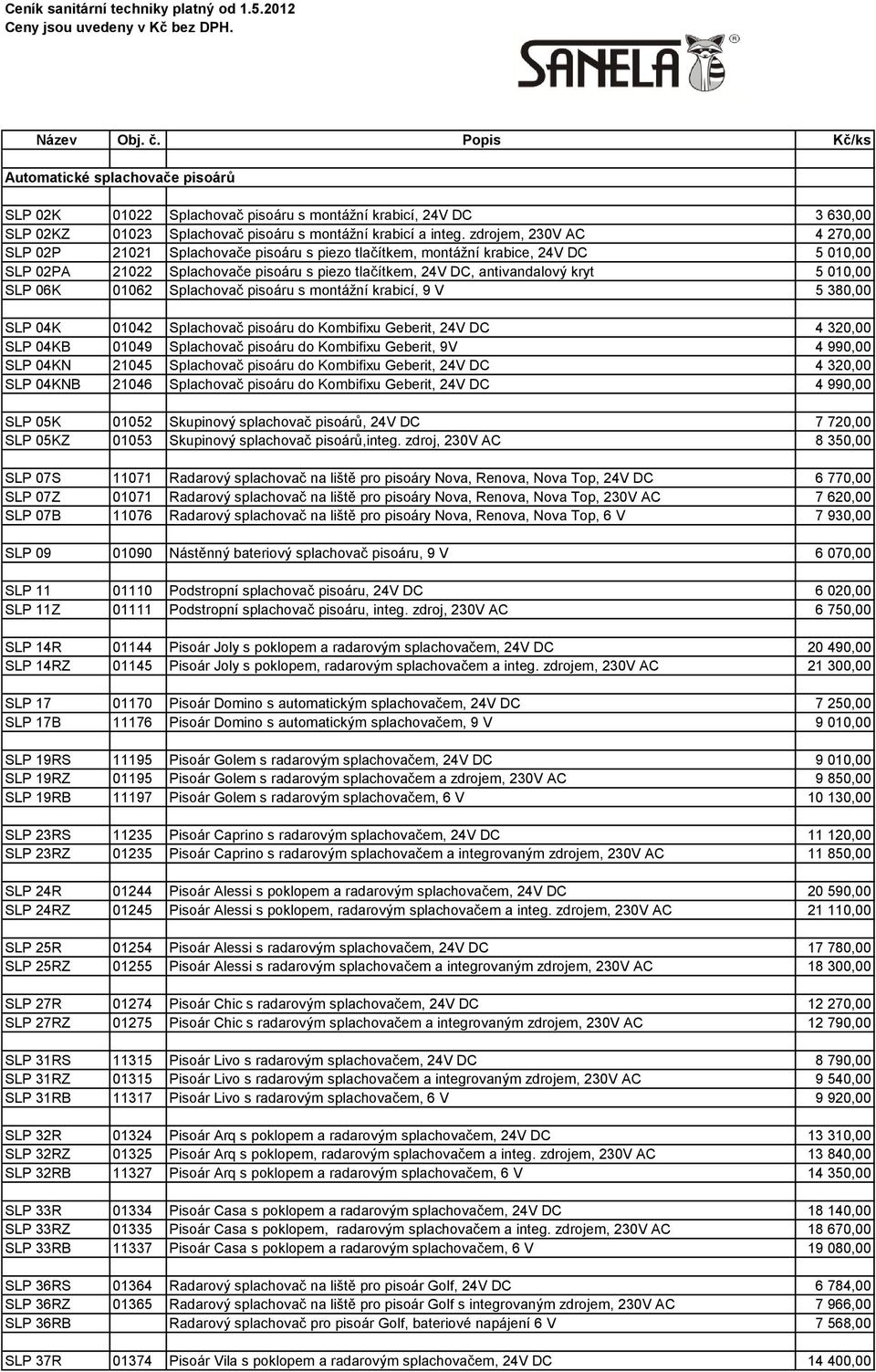 zdrojem, 230V AC 4 270,00 SLP 02P 21021 Splachovače pisoáru s piezo tlačítkem, montážní krabice, 24V DC 5 010,00 SLP 02PA 21022 Splachovače pisoáru s piezo tlačítkem, 24V DC, antivandalový kryt 5