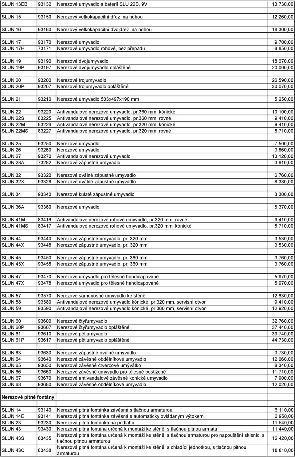 000,00 SLUN 20 93200 Nerezové trojumyvadlo 26 590,00 SLUN 20P 93207 Nerezové trojumyvadlo opláštěné 30 070,00 SLUN 21 93210 Nerezové umyvadlo 503x497x190 mm 5 250,00 SLUN 22 93220 Antivandalové