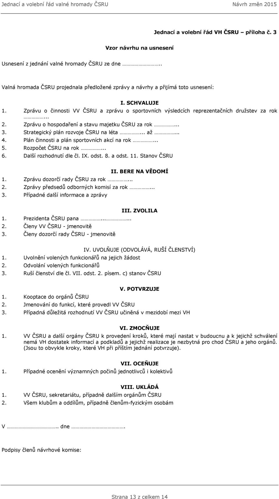 Strategický plán rozvoje ČSRU na léta... až... 4. Plán činnosti a plán sportovních akcí na rok... 5. Rozpočet ČSRU na rok... 6. Další rozhodnutí dle čl. IX. odst. 8. a odst. 11. Stanov ČSRU II.