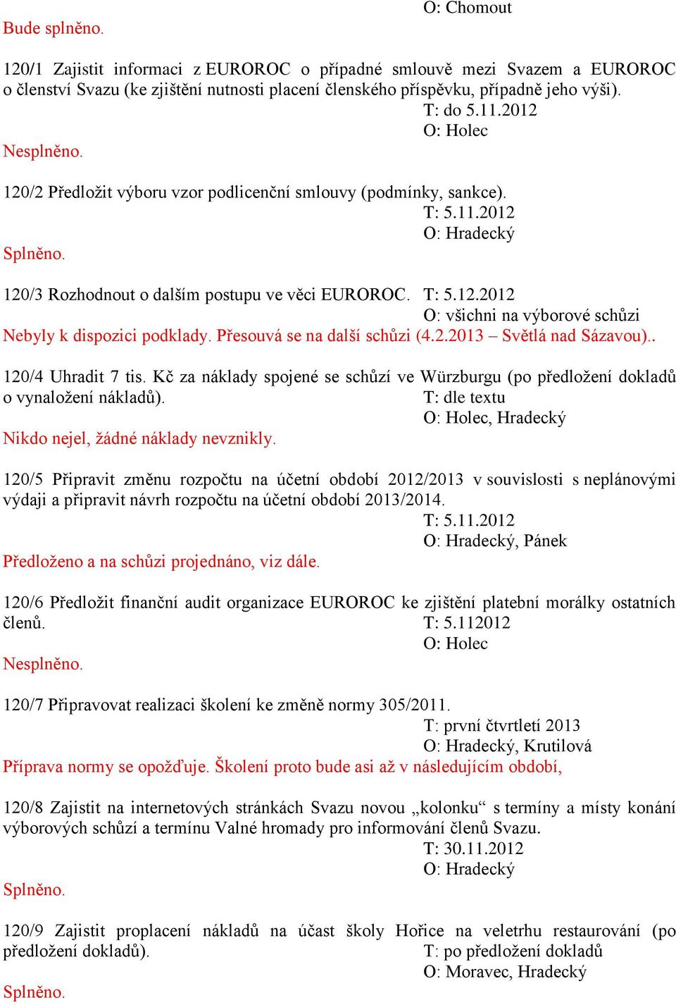 Přesouvá se na další schůzi (4.2.2013 Světlá nad Sázavou).. 120/4 Uhradit 7 tis. Kč za náklady spojené se schůzí ve Würzburgu (po předložení dokladů o vynaložení nákladů).