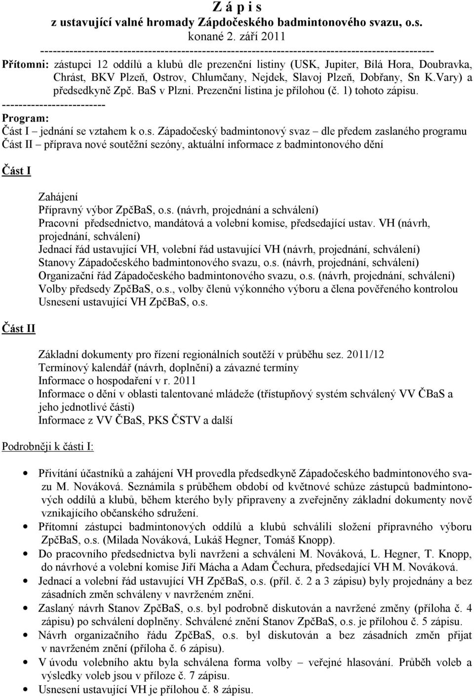 Doubravka, Chrást, BKV Plzeň, Ostrov, Chlumčany, Nejdek, Slavoj Plzeň, Dobřany, Sn K.Vary) a předsedkyně Zpč. BaS v Plzni. Prezenční listina je přílohou (č. 1) tohoto zápisu.