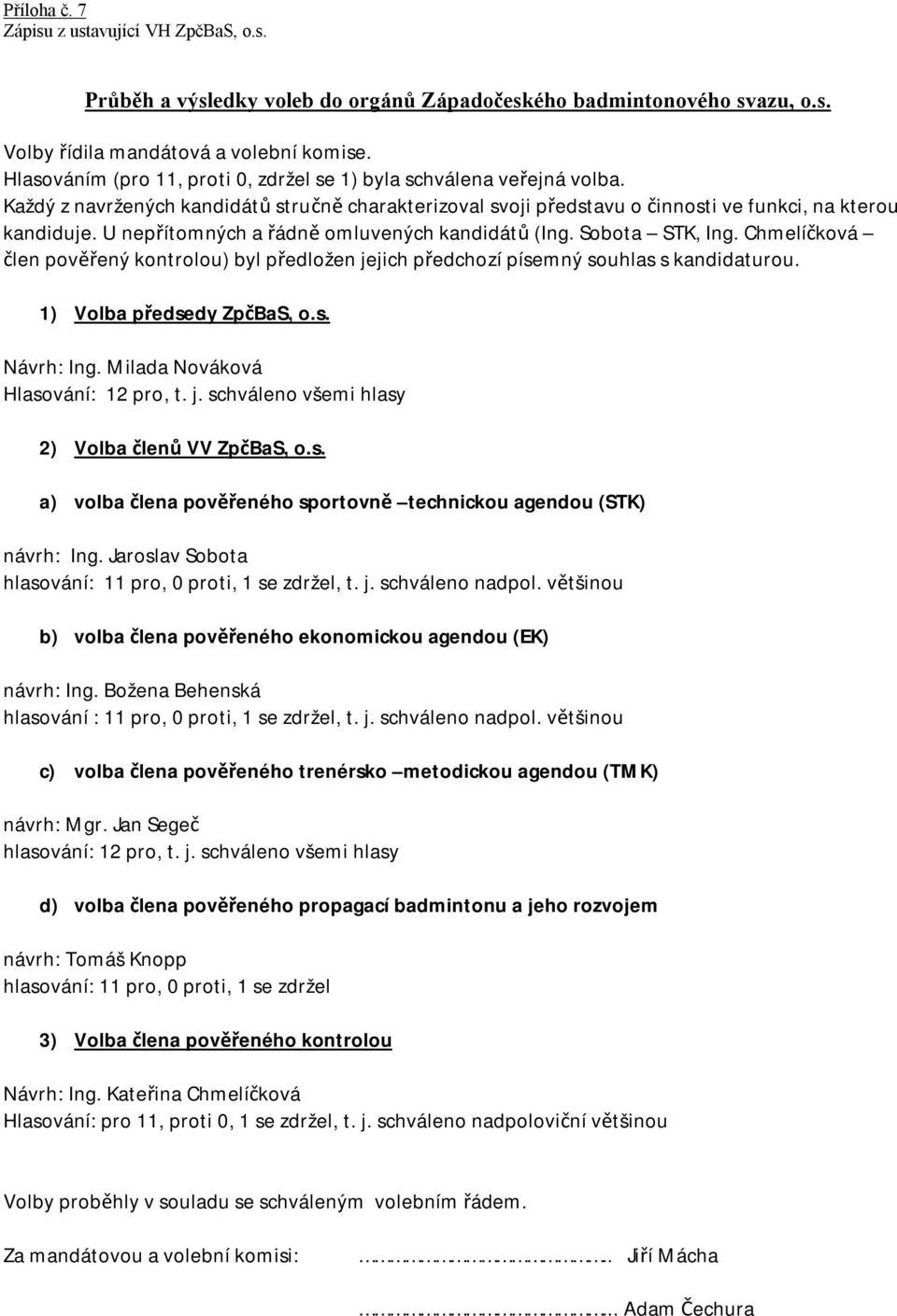 U nepřítomných a řádně omluvených kandidátů (Ing. Sobota STK, Ing. Chmelíčková člen pověřený kontrolou) byl předložen jejich předchozí písemný souhlas s kandidaturou. 1) Volba předsedy ZpčBaS, o.s. Návrh: Ing.